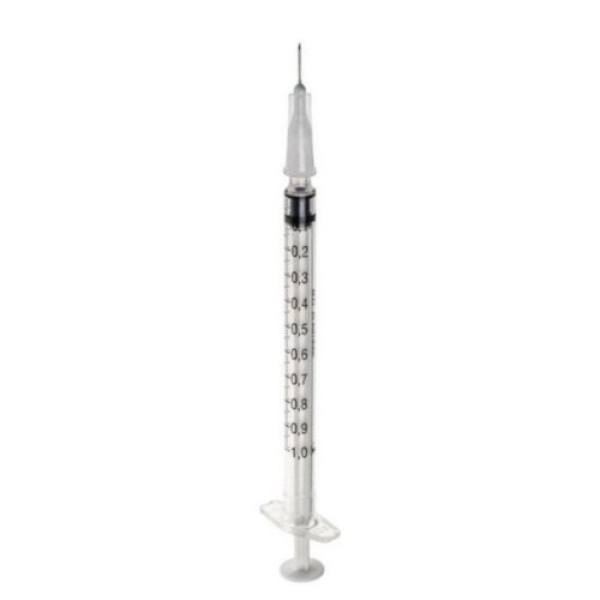 injectiespuit plastipak 3 delig 1 ml naald 27g x 10 mm grijs